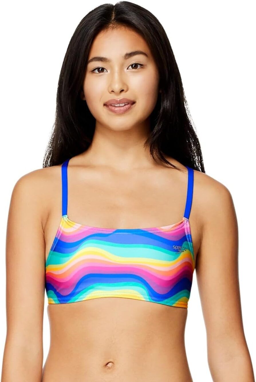 NWT Speedo Women's Strappy Bikini Top Rainbow Wave LARGE